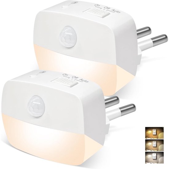 Dussdote Nachtlampje met bewegingssensor - 2-pack - Nachtlampje met instelbare helderheid - Aan/Auto/Uit-stand - Ideaal geschikt voor kinderkamers, slaapkamers, trappen, gangen en keukens - Warm wit van Merkloos