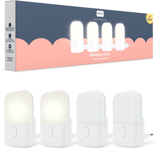 Dutsi - Moony Luna - Nachtlampje Stopcontact - Met Dag/Nacht Sensor - Dimbaar in 3 Standen - Voor Baby, Kind & Volwassenen - Warm Wit LED Licht – 4-pack van Merkloos