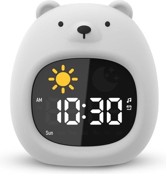 Dutsi - Slaaptrainer Kinderen - Sleepy Luna - Beer - Met Wekker, Witte Ruis & Nachtlampje - Helpt bij een Gezond Slaapritme van Dutsi