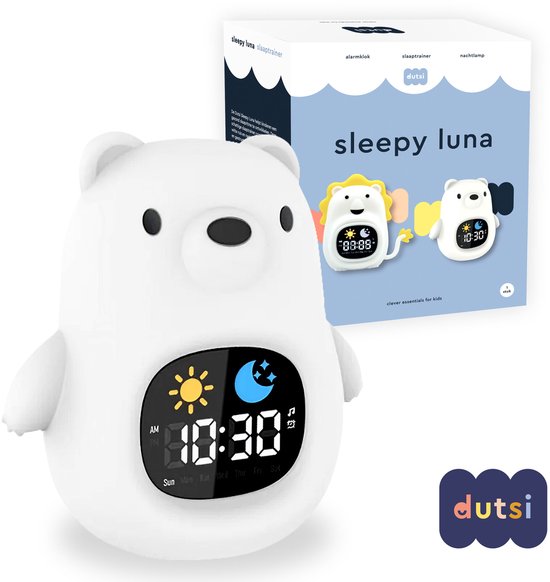 Dutsi - Slaaptrainer Kinderen - Sleepy Luna - Ijsbeer - Met Wekker, Witte Ruis & Nachtlampje - Helpt bij een Gezond Slaapritme van Dutsi