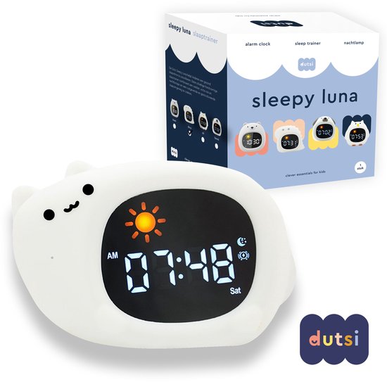 Dutsi - Slaaptrainer Kinderen - Sleepy Luna - Katje - Met Wekker, Witte Ruis & Nachtlampje - Helpt bij een Gezond Slaapritme van Dutsi