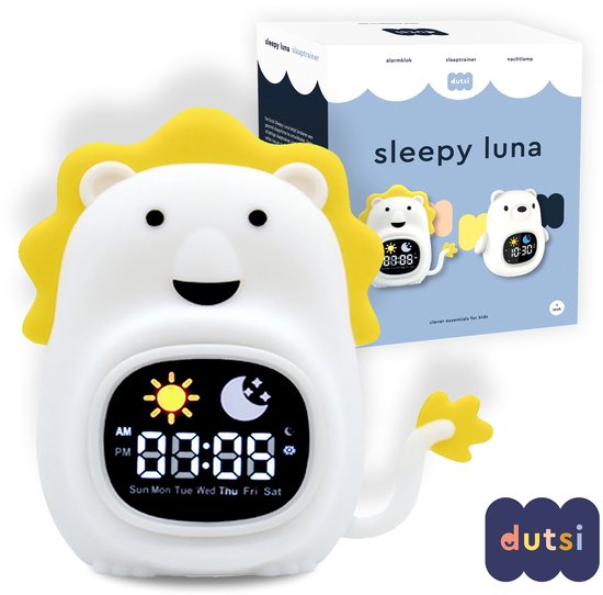 Dutsi - Slaaptrainer Kinderen - Sleepy Luna - Leeuw - Met Wekker, Witte Ruis & Nachtlampje - Helpt bij een Gezond Slaapritme van Dutsi