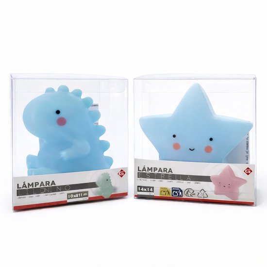 EasyMart Blauwe 2-delige kindernachtlamp set - dinosaurus en ster - LED nachtlamp voor babykamer en kinderkamer - warm wit licht - op batterijen van Merkloos