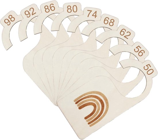 ECTEATOY® Kastverdelers Baby Kleding - 9 Stuks Maatverdelers Maat 50 t/m 98 - Houten Kledingkast Organiser met Regenboog - Maathangers - Kraamcadeau
