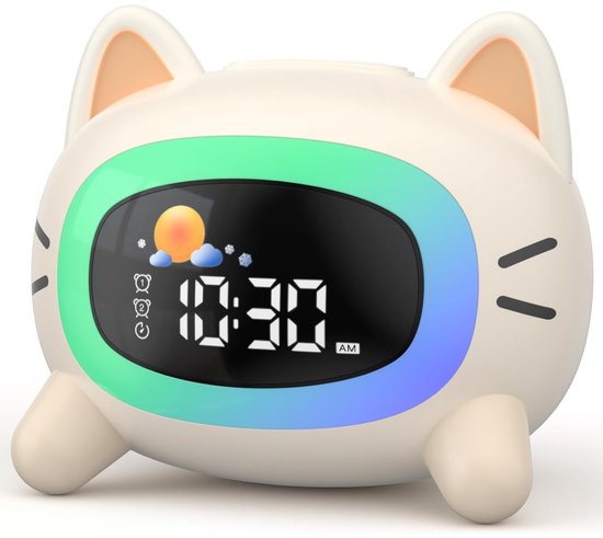 Educatieve dag- en nachtwekker geschikt voor kinderen - Kinderwekker - Met nachtlampje, slaaphulpfunctie, dubbele alarmen en weekendmodus - Oplaadbaar - Slaaptrainingswekker - Geschikt voor jongens en meisjes - Kattenontwerp van Merkloos