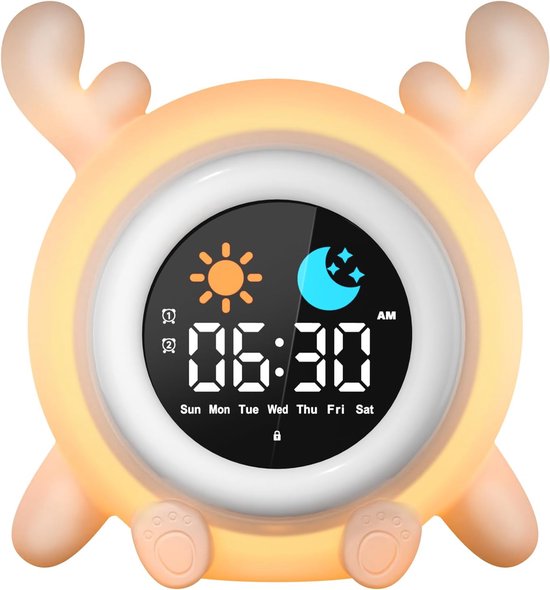 Educatieve wekker voor kinderen met 2 alarmen voor dag en nacht, 12/24-uurs snooze-functie, instelbare schermhelderheid, 7-kleurige verlichting, 10 liedjes, automatische uitschakeling en rendiervorm
