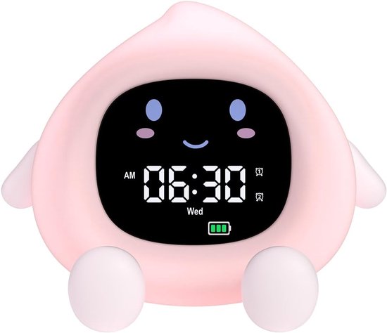 Educatieve wekker voor kinderen met dag-/nachtfunctie, 2 alarmen, instelbare schermhelderheid, 12/24-uurs snooze-wekker, 7 kleuren, automatische uitschakeling na 30 seconden en 10 witte ruisliedjes van Alecto