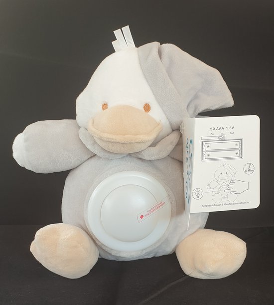 Eend knuffel Grijs- nachtlampje kinderen - Led - batterij - multi color - baby safe 24x25cm van Merkloos