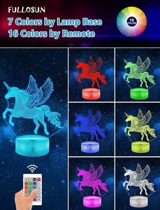 Eenhoorn 3D Led-lamp, illusie nachtlampje met 16 kleurwisselingen, dimbaar, met afstandsbediening, thuisdecoratie, voor meisjeskamer van Merkloos