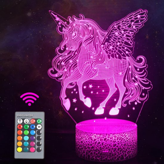 Eenhoorn 3D Nachtlamp met Afstandsbediening – LED Kinder Nachtlamp 16 Kleuren – Dim baar – Touch Bediening – Kinderkamer Lamp – Cadeau voor Meisjes & Jongens van Merkloos