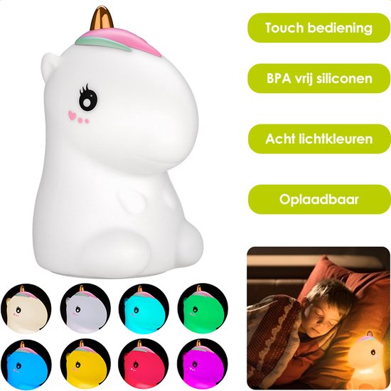 Eenhoorn nachtlampje - Oplaadbaar - Draadloos - 9 lichtkleuren - Babykamer lampje - Zacht materiaal - Droomvoeding lamp van Merkloos