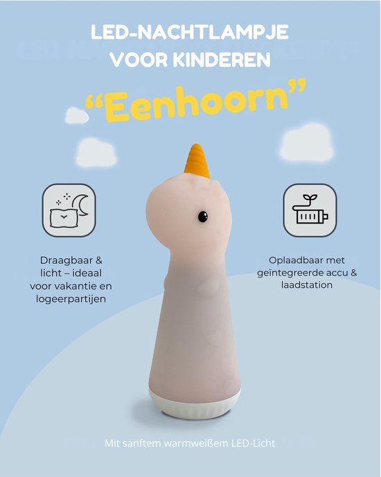 Eenhoorn zaklamp en nachtlampje 2-in-1 – een vertrouwd lichtje voor onderweg en bij het slapengaan – LED-lamp met dimfunctie, oplaadbaar via USB-C, van zacht siliconen zonder koord, zelfstaand, voor slapen en de kinderkamer van Robo Educational Toys