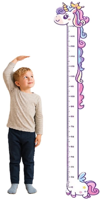 Eenhorn groeimeter muurstickers - Unicorn - Hoogtemeter tot 180 cm - Regenboog & fantasie thema - Zelfklevend & verwijderbaar - Educatieve wanddecoratie voor kinderkamers - PVC sticker unisex