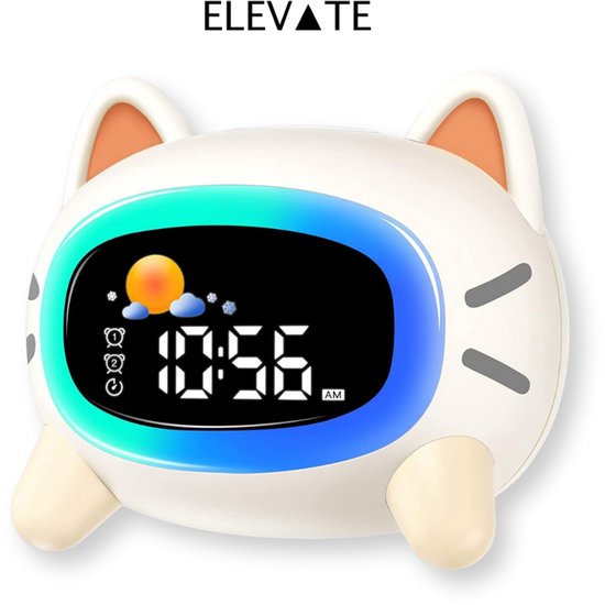 ELEVATE Slaaptrainer Kind – Wekker Kinderen met Nachtlampje & Geluiden – Digitale Slaapwekker Peuter – Kat Design – Oplaadbaar via USB-C van Merkloos