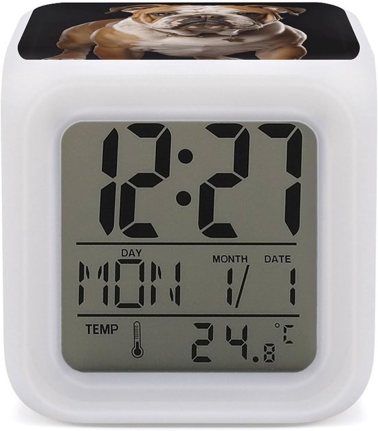 Engelse Bulldog Wekker - Digitale Klok Slaaptrainer - Kamer Sfeer Creëren - 7 Kleurveranderende Lampjes - 31 inch - Meerkleurig