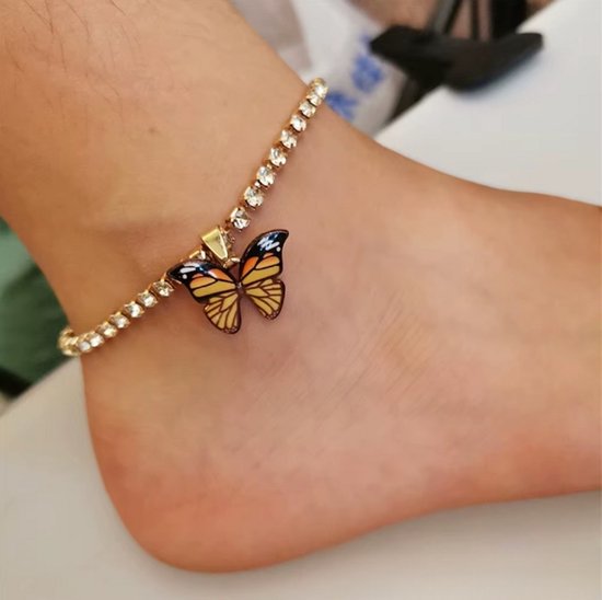 Enkelbandje met Vlinder voor Dames en Meisjes - Kleurrijk Bling Bling Enkelsieraad, Zomer Strand Feest Accessoire, Boho Enkelketting - Goud en geel van Koaro.