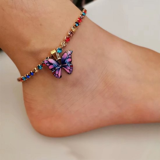 Enkelbandje met Vlinder voor Dames en Meisjes - Kleurrijk Bling Bling Enkelsieraad, Zomer Strand Feest Accessoire, Boho Enkelketting - multikleur en Paars van Meru Accessories