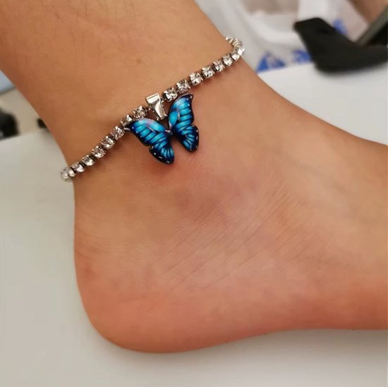 Enkelbandje met Vlinder voor Dames en Meisjes - Kleurrijk Bling Bling Enkelsieraad, Zomer Strand Feest Accessoire, Boho Enkelketting - Zilver en blauw van Amosa Jewelry