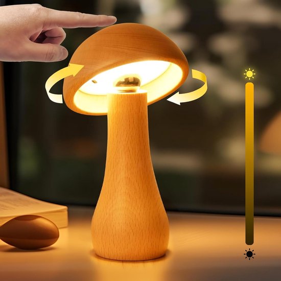 Enkele Houten Paddenstoel Lamp – Touchschakel – Oplaadbaar – 360° Draaibaar – Traploos Dimmed – Voor Nachtkast en Woonkamergebruik van Merkloos
