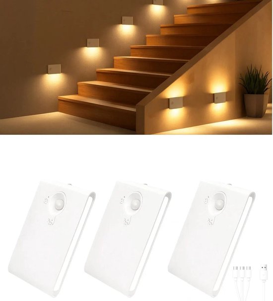 Epochglo Nachtlampje met Bewegingssensor Set van 3 - USB-C Oplaadbaar - 3 Lichtkleuren - Dimbaar - Magnetische Plakstrip - LED Trapverlichting & Kastverlichting Voor Gangen, Kinderkamers, Slaapkamers, Keuken - Wit