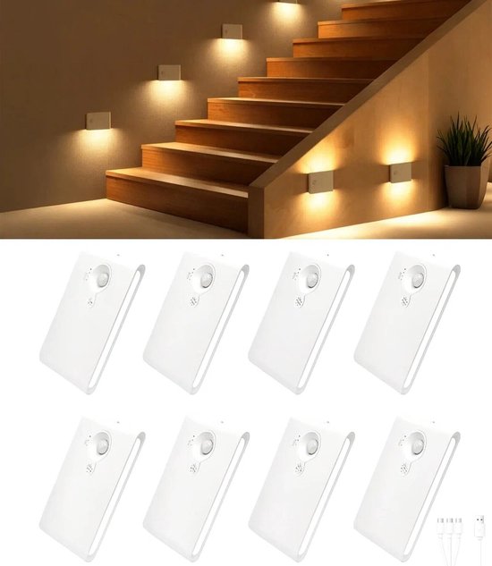 Epochglo Nachtlampje met Bewegingssensor Set van 8 - USB-C Oplaadbaar - 3 Lichtkleuren - Dimbaar - Magnetische Plakstrip - LED Trapverlichting & Kastverlichting Voor Gangen, Kinderkamers, Slaapkamers, Keuken - Wit