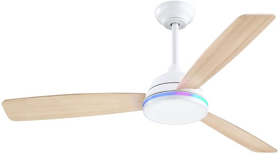 Epochglo Plafondventilator met Verlichting 132 cm, Stille DC Motor & Afstandsbediening, 3 Bladen Tweezijdig (Wit / Lichte Houtnerf), RGB, 24W LED Lamp Dimbaar 3000K-6000K, 6 Standen & Timer, Zomer- en Winterstand voor Slaapkamer, Eetkamer, Woonkamer