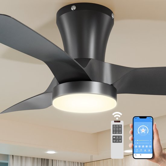 Epochglo Plafondventilator met Verlichting Klein (30"), Stille DC Motor & APP/Afstandsbediening, 22W LED Lamp Dimbaar 3000K-6000K, 6 Standen & Timer, Zomer- en Winterstand voor Slaapkamer, Eetkamer, Woonkamer, Zwart van Epochglo