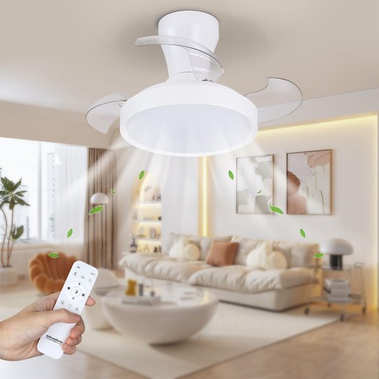 Epochglo Plafondventilator met Verlichting - Ø 55cm - 20W DC Motor - Fluisterstil - Dimbaar LED 3000-6500K - Reversibel (Winterstand) - Met Afstandsbediening - Onzichtbare bladen - Plafondlamp Ventilator Voor Slaapkamer & Woonkamer - Wit