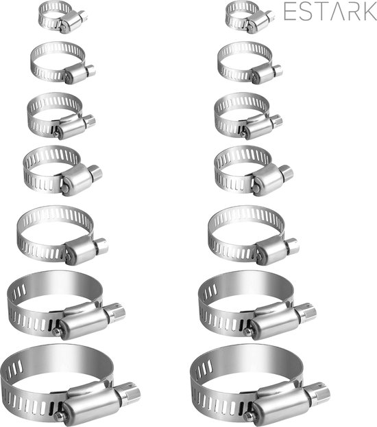 ESTARK® Slangenklemmen Set 14 STUKS – 7 Verschillende Formaten - RVS slangklem - Ø 15-32mm Klemmen Set voor om de Tuinslang Afvoerslang of Doucheslang Verschillende Formaten - Slang Koppeling Klem - Klemmen 14 STUKS van ESTARK