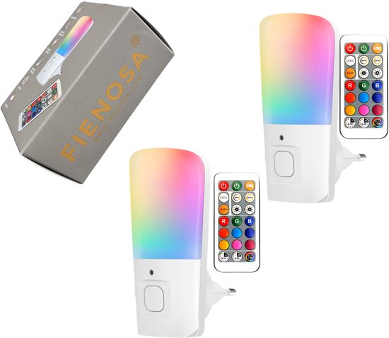 Fienosa Nachtlampje Stopcontact – 2 Stuks – Met Afstandsbediening – Dimbaar & Timer – Multi Kleur RGB & Warm Wit – Voor Kinderkamer & Baby van Merkloos