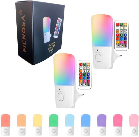 Fienosa Nachtlampje Stopcontact - Nachtlampje Kinderen - Cadeau - Nachtlampje baby - 2 Stuks - Afstandbediening - Multi Kleur - Dimbaar - Timer - Stekkerlamp - Stopcontactlamp van Merkloos