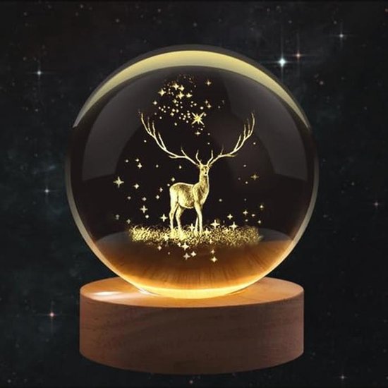 Flexzion 3D Elanden Crystal Ball Nachtlampje - LED-licht hologram glazen lamp met massief houten basis, USB-aangedreven kristallen bollamp met instelbare helderheid voor woondecoratie display cadeau, van Merkloos