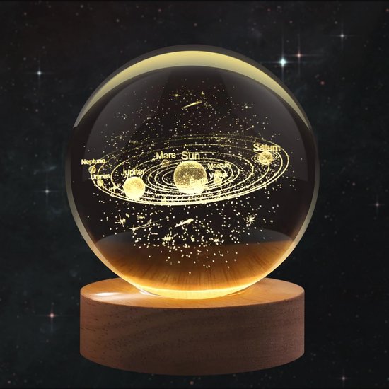 Flexzion 3D Zonnestelsel Kristallen Bal Nachtlampje - LED Licht Hologram Glas Lamp w/Massief Houten Basis, USB Aangedreven Kristallen Bal Lamp w/Verstelbare Helderheid voor Home Decor Display Gift, 80 van Merkloos