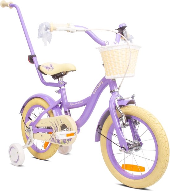 Flower Bike Fiets voor een meisje van 3 tot 5 jaar, 14 inch Lavendel, met fietsbel, zijwieltjes, duwstang en stuurmandje van TOM