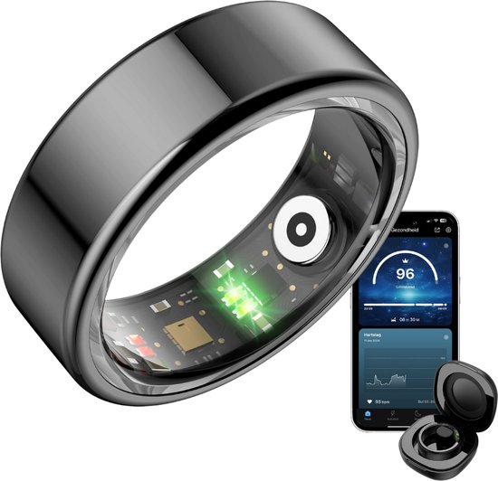 Focus® S1 Smart Ring - Zwart - Maat 11 - Hartslag - Bloeddruk - Menstruatiecyclus - Slaap Monitor - Sport Prestatie - Stappenteller -IP68 Waterdicht - O2 Meting - Aluminium - Dames - Heren - Oplaad Case van Focus