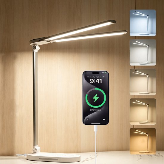 Fokelyi-LED Bureaulamp-5 Lichtkleuren - Helderheid Verstelbaar - Opvouwbaar - Leeslamp- Wit