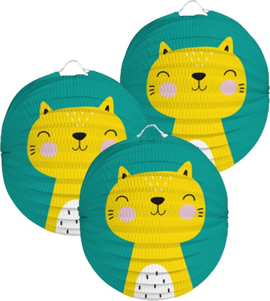 Folat Lampion kat/poes - 3x - 22 cm - blauw - papier - Sint maarten/kinderfeestje lampionnen van Folat