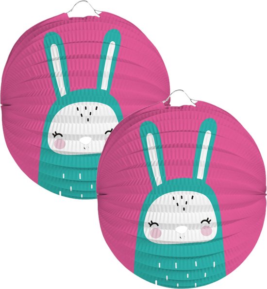Folat Lampion konijn - 2x - 22 cm - roze - papier - Sint maarten/kinderfeestje lampionnen van Folat