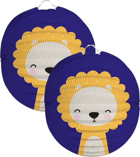 Folat Lampion leeuw - 2x - 22 cm - blauw - papier - Sint maarten/kinderfeestje lampionnen van Folat
