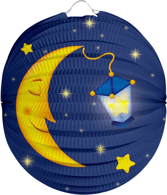 Folat Lampion maan - 22 cm - donker blauw - papier - Sint maarten/kinderfeestje lampionnen van Folat