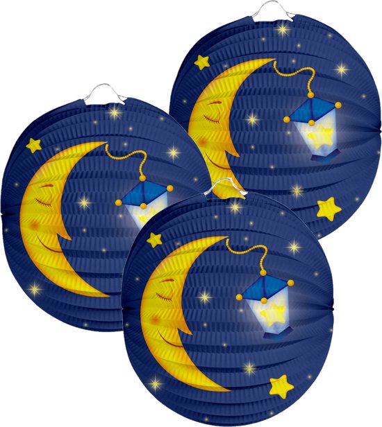 Folat Lampion maan - 3x - 22 cm - donker blauw - papier - Sint maarten/kinderfeestje lampionnen van Folat