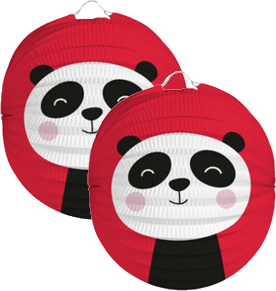 Folat Lampion panda - 2x - 22 cm - rood - papier - Sint maarten/kinderfeestje lampionnen van Folat