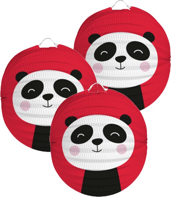 Folat Lampion panda - 3x - 22 cm - rood - papier - Sint maarten/kinderfeestje lampionnen van Folat