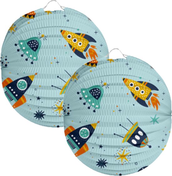 Folat Lampion Space - 2x - 22 cm - licht blauw - papier - Sint maarten/kinderfeestje lampionnen
