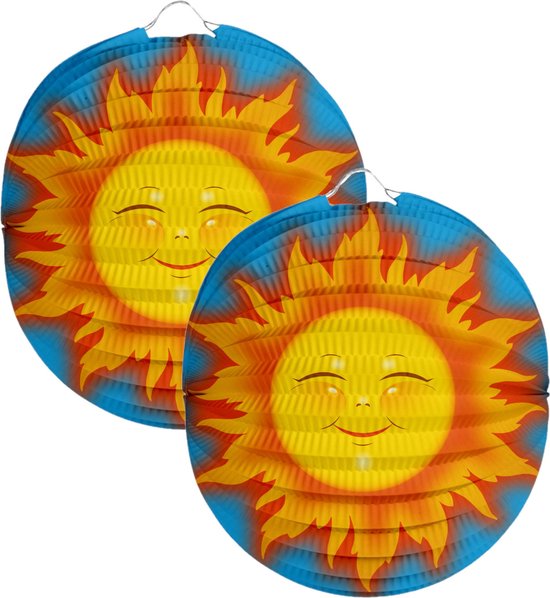 Folat Lampion zon - 2x - 22 cm - licht blauw - papier - Sint maarten/kinderfeestje lampionnen