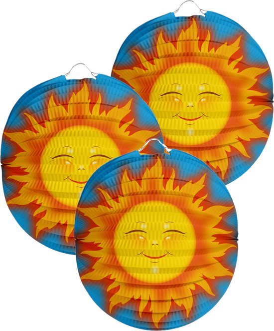 Folat Lampion zon - 3x - 22 cm - licht blauw - papier - Sint maarten/kinderfeestje lampionnen
