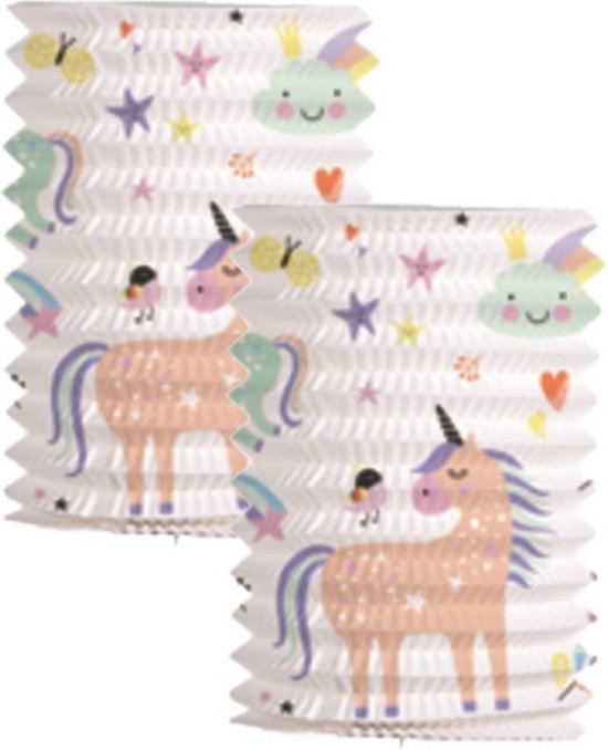 Folat Trek lampion eenhoorns & regenbogen - 2x - H16 cm - meerkleurig - papier