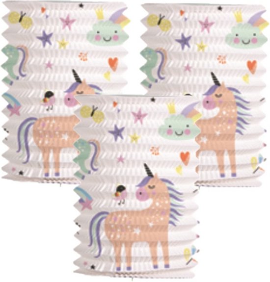 Folat Trek lampion eenhoorns & regenbogen - 3x - H16 cm - meerkleurig - papier van Folat
