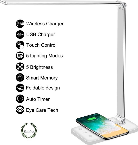 Fuegobird EK009 LED Bureaulamp - Bedrade - Qi Draadloos Opladen Voor Telefoon - Dimbaar - Timer - Opvouwbaar - Smart Touch - Wit van fuegobird