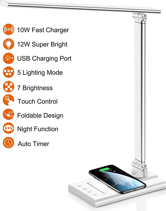 Fuegobird EK010 LED Bureaulamp - Bedrade - Draadloos Opladen Voor Telefoon - Dimbaar - Opvouwbaar - Smart Touch - 10W snel opladen - Qi Technologie - Zilver（met adapter） van fuegobird